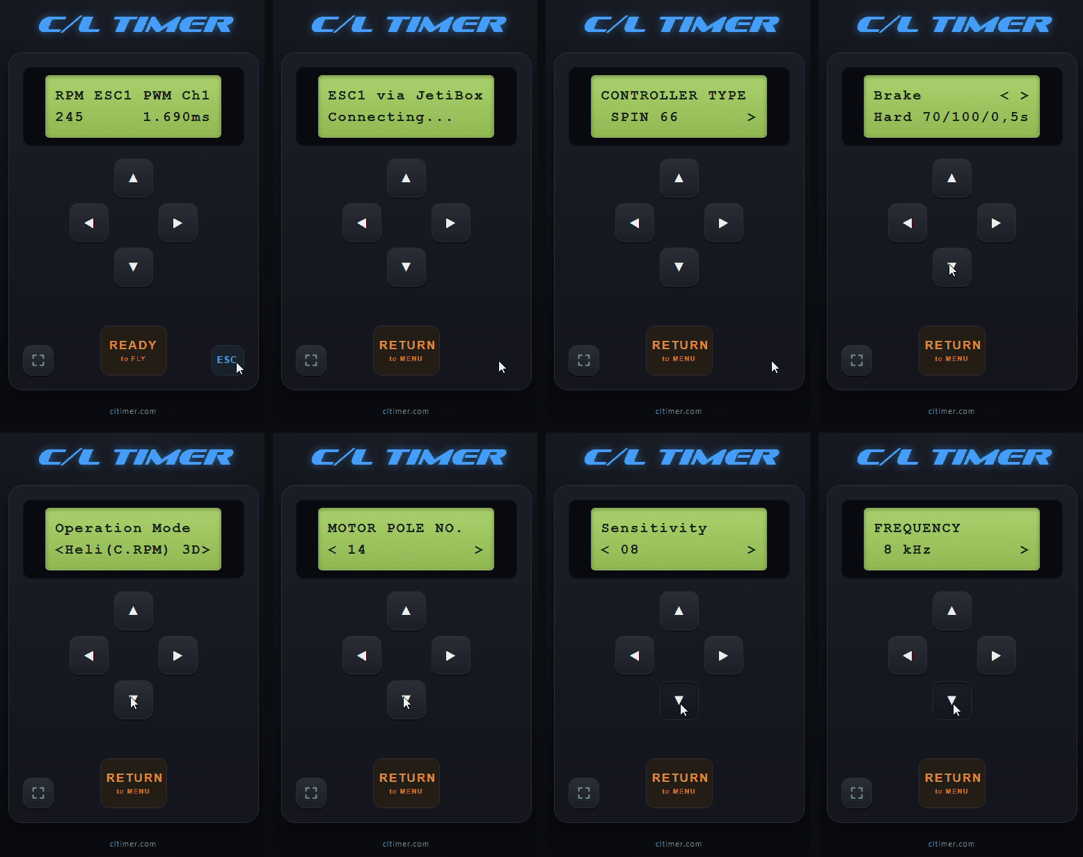 Timer page on the phone: the ESC button, Connecting, and the Jeti SPIN menus shown by the timer
