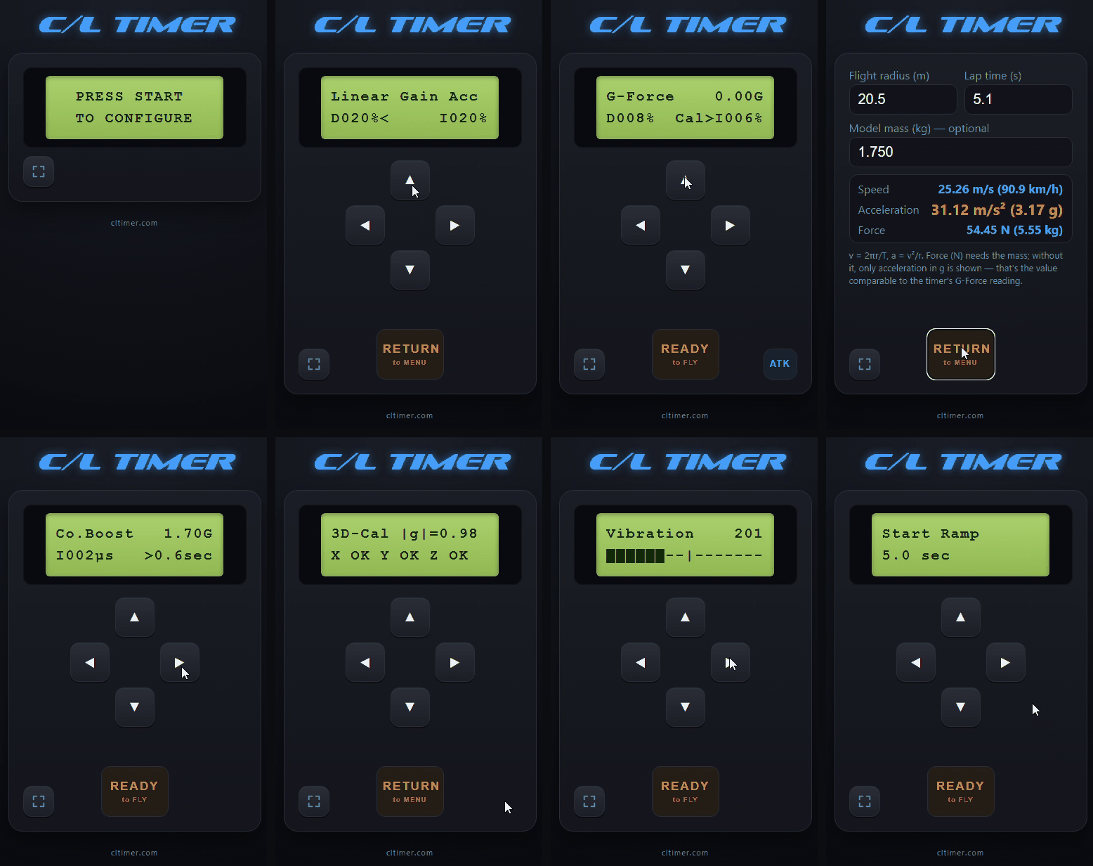 Eight V7 screens: safety lock, Linear Gain, G-Force, calculator, Corner Booster, 3D-Cal, Vibration and Start Ramp